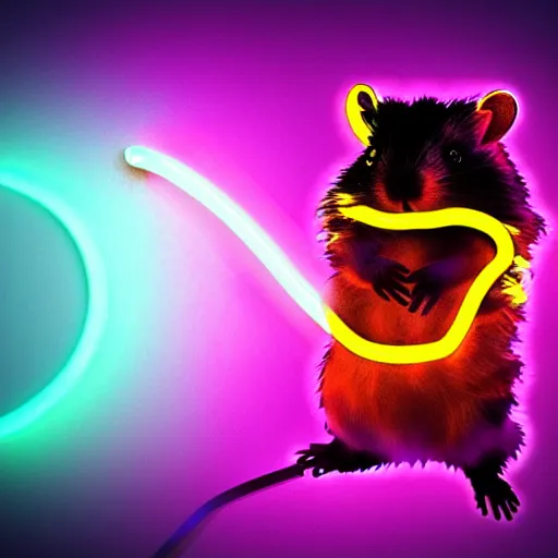 Image similar to cyberpunk hamster made of glowing neon lights holding a rainbow gem crystal, light reflection, 8 k, hd, logo