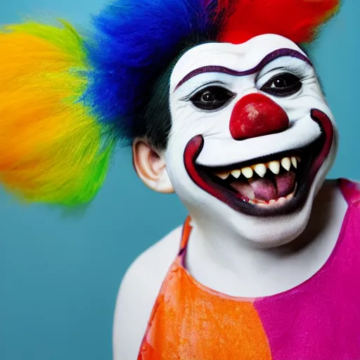 Image similar to a photo of a monkey with clown paint, sidelit