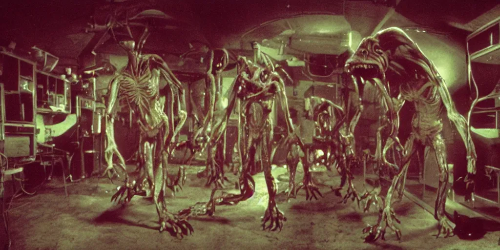 Image similar to a scary filmic wide shot color ground level angle movie still 35mm film photograph of the full body of a dangerous shape shifting alien creature, with multiple mutated snarling drooling human faces with a grotesque variety of human and animal limbs protruding from its lower torso inside of a 1970s science lab, neon lights, dirty, ektachrome photograph, volumetric lighting, f8 aperture, cinematic Eastman 5384 film