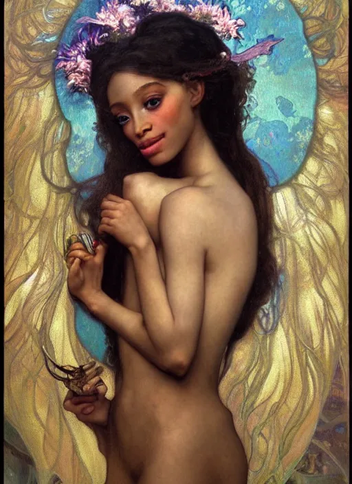 Image similar to a realistic oil painting of a beautiful young woman resembling winnie harlow, crystal encrustations, underwater, fantasy art, by mucha, by bouguereau, intricate, colorful