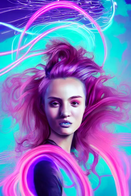 Image similar to a award winning half body portrait of a beautiful woman in a croptop and cargo pants with ombre purple pink teal hairstyle with head in motion and hair flying, surrounded by whirling illuminated lines, outrun, vaporware, shaded flat illustration, digital art, trending on artstation, highly detailed, fine detail, intricate