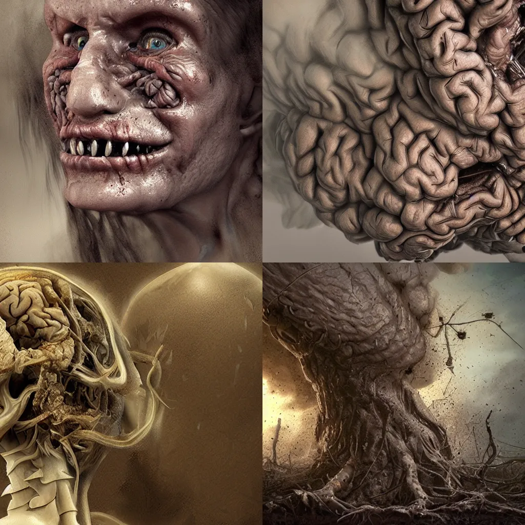 Prompt: tornado of brains, photorealistic concept art, highly detailed