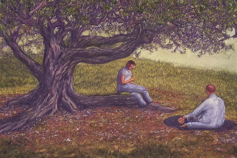 Prompt: a man meditating under a tree by alex gray,