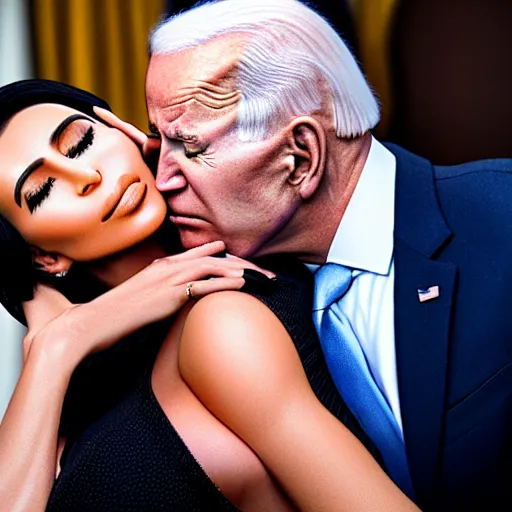 Image similar to film still of kim kardashian being kissed asleep by joe biden, 8 k