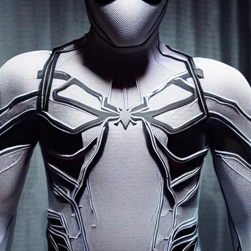 Image similar to white spider - man suit with black web lining, cinematic, volumetric lighting, realistic, hyperdetailed, photorealistic, photograph