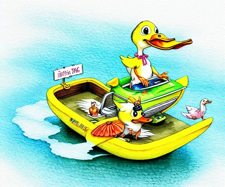 Image similar to cute and funny, duck riding in a tiny boat, ratfink style by ed roth, centered award winning watercolor pen illustration, isometric illustration by chihiro iwasaki, edited by craola, tiny details by artgerm and watercolor girl, symmetrically isometrically centered