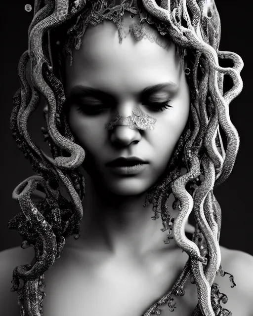 Image similar to surreal mythical dreamy dark artistic black and white fine art photo of a beautiful young female medusa - cyborg covered with lace fish scales and translucent algae, highly detailed, intricate crystal ivy jelly fish scales ornate, lace web, poetic, octane render, 8 k, photo - realistic