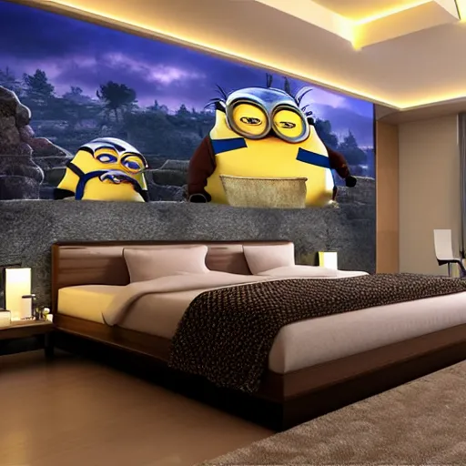 Image similar to a cozy bedroom interior with wall murals of giant minions, detailed, high resolution, wow!, intricate, volumetric lighting, raytracing