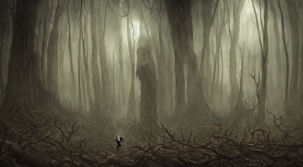 Prompt: a magician in a robe enters a scary forest made of dead trees in alan lee and marc simonetti and emil melmoth style , cinematic lighting