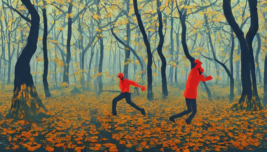 Image similar to safety cones scattered around an oak tree forest, man in bigfoot costume in the distance dancing, by james jean by ilya kuvshinov kintsugi, hyper detailed surrealist painting