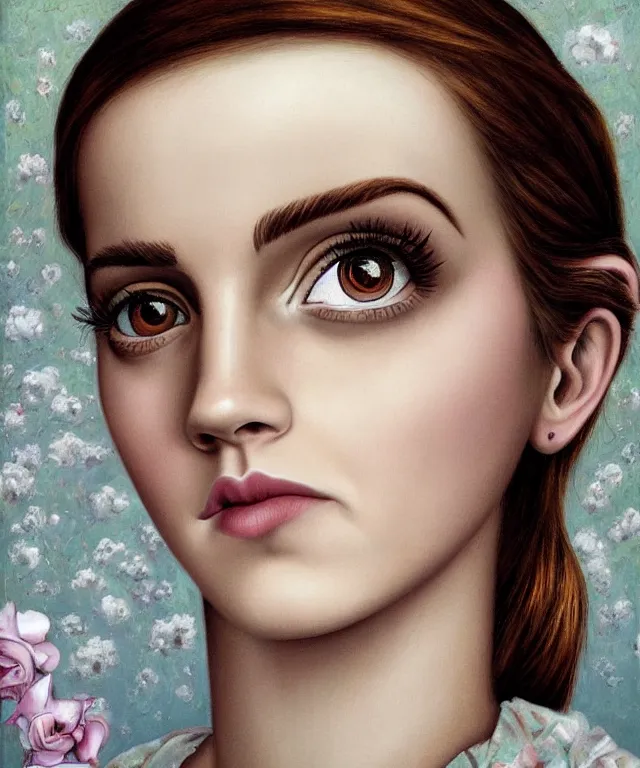 Prompt: portrait of Emma Watson, lowbrow painting by Mark Ryden