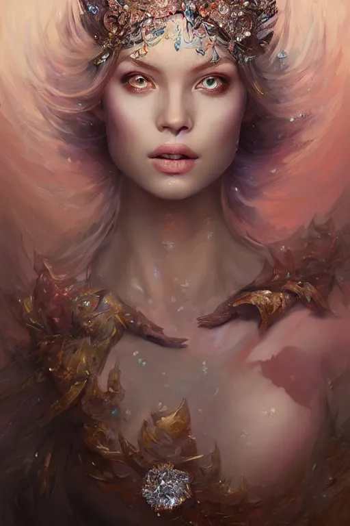 Prompt: beautiful princess floating on water with face covered with diamonds wearing frost velvet, diamonds, angel, fantasy, dramatic lighting, highly detailed, digital painting, magic the gathering, hyper detailed, 3 d render, hyper realistic detailed portrait, peter mohrbacher, wlop, ruan jia