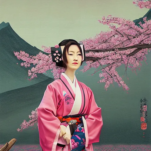 Prompt: A beautiful print of a young woman in a traditional kimono, with a background of sakura blossoms. deuteranomaly by Noah Bradley, by Frits Van den Berghe sinister