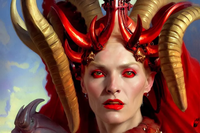 Image similar to painted close - up portrait of a very attractive red - skinned intimidating demon alien queen with ram horns! oil painting, wearing a noblewoman's outfit, fantasy art by john singer sargent and gaston bussiere and james jean and greg rutkowski, demon noble character design, hd