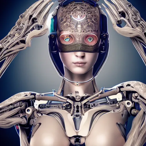 Image similar to An extremely beautiful biomechanical female looking robot with large Emoji tattoos, chimeric organism, pale skin, organic polycarbon, full frontal portrait, ex machina, highly detailed, mendelbrot fractal, ray tracing, hyperdetailed, hyperrealistic, oppai cyberpunk, octane render, hdri, 4k