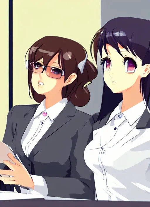 Image similar to two beautiful office ladies talking at work, gorgeous faces, thick lines, cinematic lighting, detailed anime art