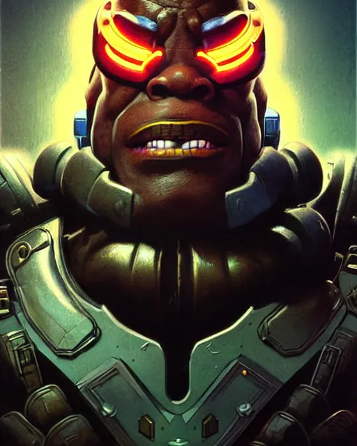 Image similar to doomfist from overwatch, sinister smile, elegant, character portrait, portrait, close up, concept art, intricate details, highly detailed, vintage sci - fi poster, retro future, in the style of chris foss, rodger dean, moebius, michael whelan, and gustave dore