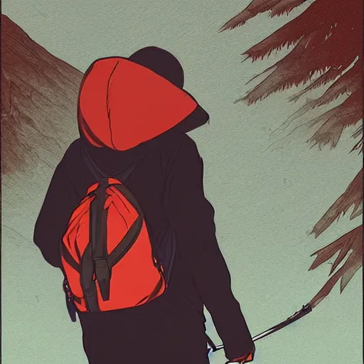 Image similar to person with hoodie walking up a mountain with a backpack that has katanas on the sides by ilya kuvshinov, amazing composition, astonishing detail, smooth lines, beautiful scenery