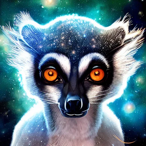 Image similar to geometric symmetrical lemur with galaxy eyes in space, nebula in the background, intricate, elegant, highly detailed, digital painting, artstation, concept art, smooth, sharp focus, illustration, art by artgerm