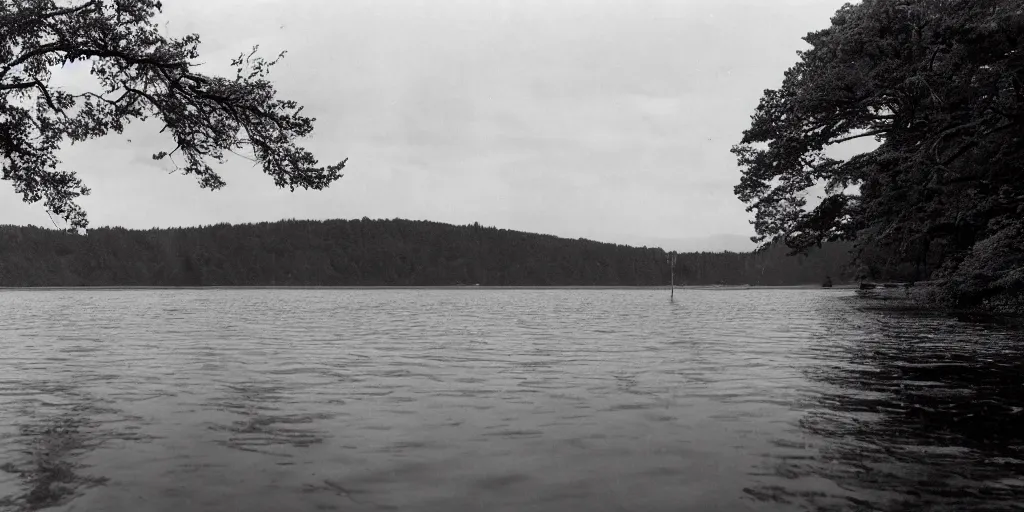 Prompt: an infinitely long rope zig - zagging across the surface of the water into the distance, floating submerged rope stretching out towards the center of the lake, a dark lake on an overcast day, rocky shore foreground, directed by stanley kubrick, atmospheric, color film, trees in the background, hyper - detailed photo, anamorphic lens