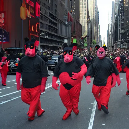 Image similar to a parade in new york city, everyone is dressed as Pigsy from Manhunt, 4k