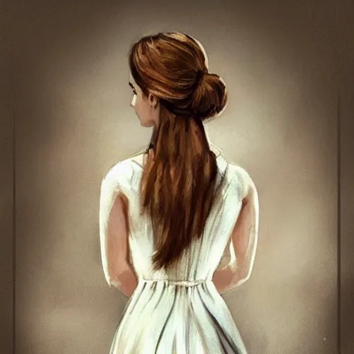 Prompt: Emma Watson in a classical dress, photographed from the back, looking backwards, artstation, concept art, extremely detailed, sharp focus