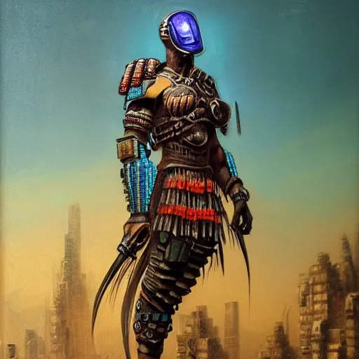 Image similar to aztec cyberpunk warrior with cool armor and tattoos, cyberpunk 2 0 7 7 and beksinski style painting