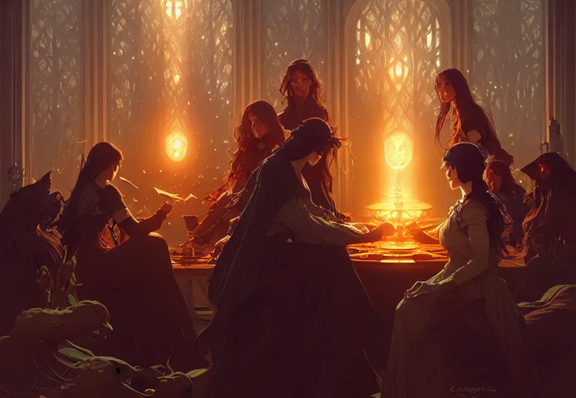 Prompt: the council of the first circle, fantasy magic, dark light night, intricate, elegant, sharp focus, illustration, highly detailed, digital painting, concept art, matte, art by wlop and artgerm and greg rutkowski and alphonse mucha, masterpiece