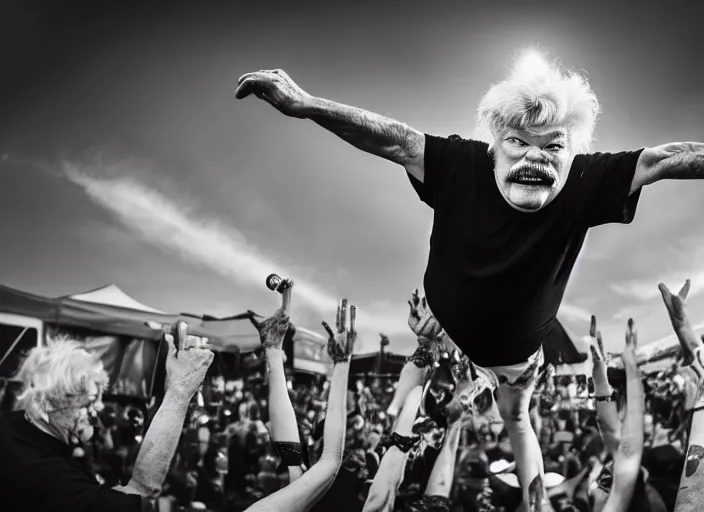 Image similar to photo still of rip taylor at vans warped tour!!!!!!!! at age 6 3 years old 6 3 years of age!!!!!!! stage diving at a crowd, 8 k, 8 5 mm f 1. 8, studio lighting, rim light, right side key light