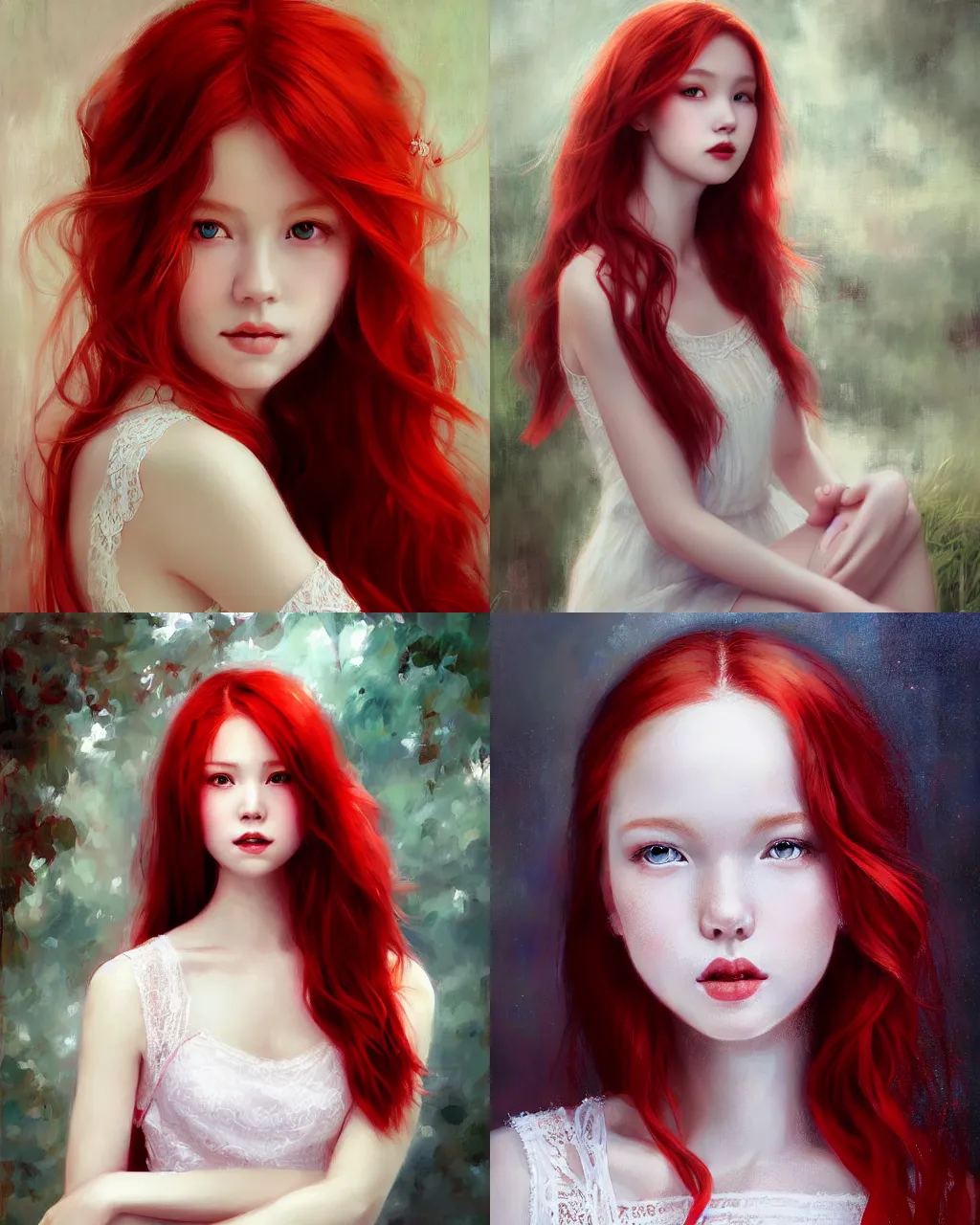 Prompt: girl with red hair and white lace dress, a beautiful portrait, soft painting, by stanley artgerm lau, wlop, rossdraws, lerapi, and sakimichan