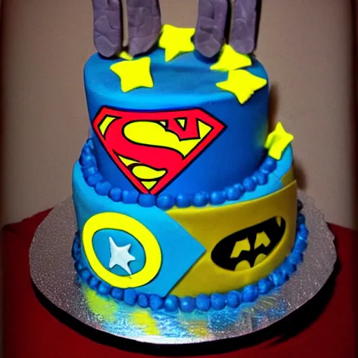 Prompt: cheap superhero birthday cake, kodak film,