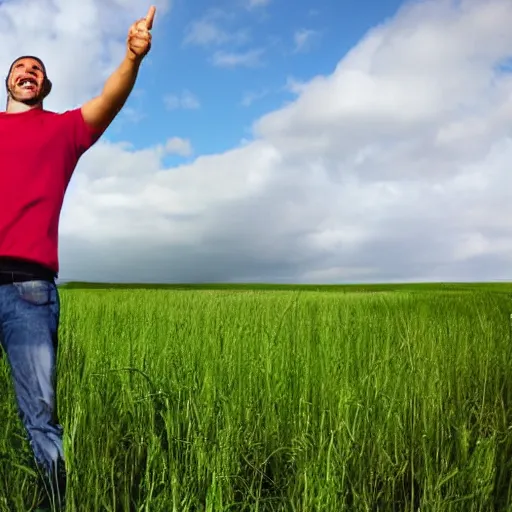 Prompt: happy man standing in a field with arms in the air