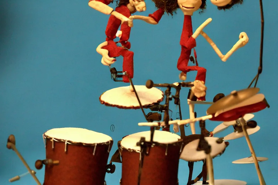 Image similar to a claymation film still of a curly long hair drummer playing the drum set. claymation by bruce bickford