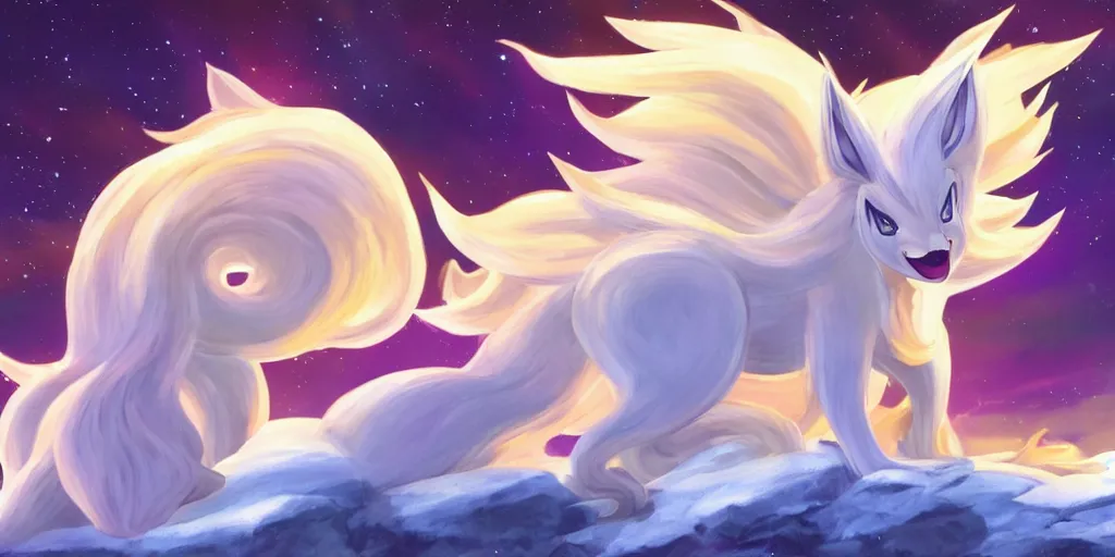 Image similar to Alolan Ninetales shiny, standing on an snowy hill with an aurora borealis in the night sky, Pokémon,