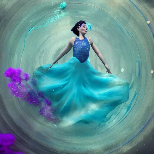 Image similar to beautiful geni morrow dancing underwater wearing a flowing dress made of blue, magenta, and yellow seaweed, delicate coral sea bottom, swirling silver fish, swirling smoke shapes, octane render, caustics lighting from above, cinematic