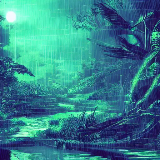 Prompt: a river flowing through the jungle at night, digital art, cyberpunk, cga graphics scheme