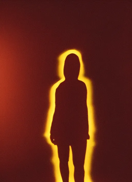 Prompt: a detailed dark female silhouette, bright glowing translucent aura, fog, film grain, cinematic lighting