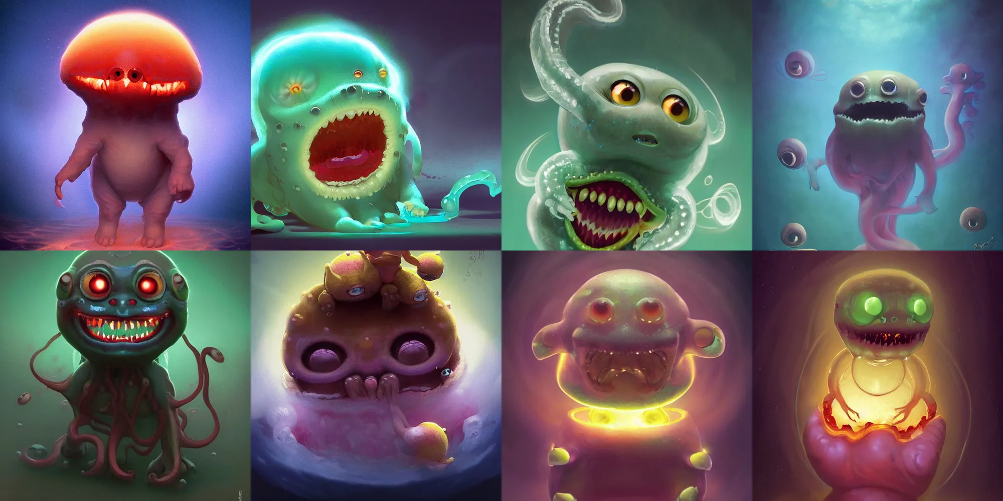 Prompt: cute! awwh! baby lava lamp jelly fish, SSS, wrinkles, grin, rimlight, dancing, fighting, bioluminescent screaming pictoplasma characterdesign toydesign toy monster creature, artstation, cg society, by greg rutkowski, by William-Adolphe Bouguereau, by zdzisław beksiński, by Peter mohrbacher, by nate hallinan, 8k