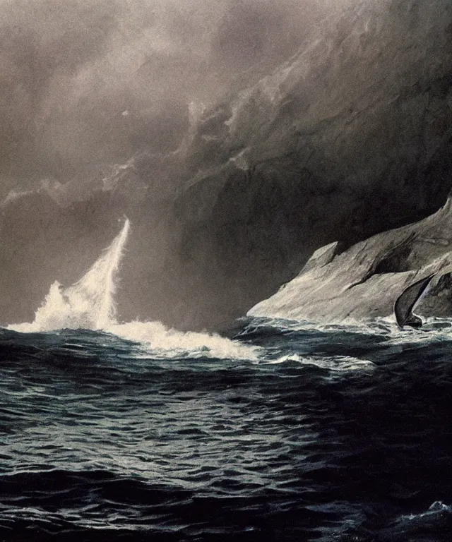 Image similar to photorealistic painting of a 1 9 2 5 seiner sailing near a short tropical cliff with the mouth of a sea cave at the waterline, dark, brooding, atmospheric, lovecraft, horror, smooth, epic, highly detailed, cinematic, by robert bateman