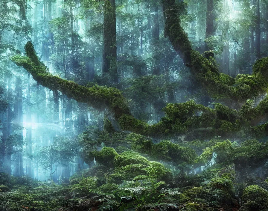 Image similar to enchanted magical illumined twisty swirly watery ( next level ) giant redwood forest. spells. runes. 8 k. uhd. octane render. highly elegant, detailed. harmonic composition. epic composition. hd.