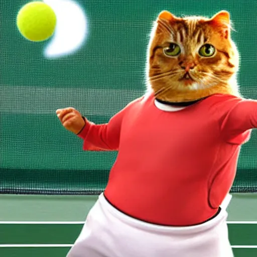 Image similar to A humanoid fridge is playing tennis against Garfield the cat