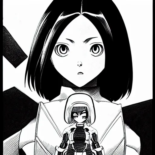 Image similar to alita by yukito kishiro. medium shot. black and white manga. pencil drawing.