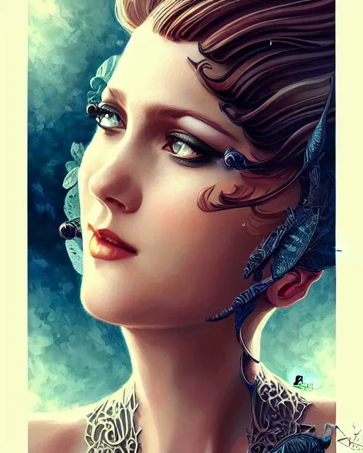 Prompt: Beautiful and playful rock guitarist portrait, art deco, fantasy, intricate art deco leaf designs, elegant, highly detailed, sharp focus, art by Artgerm and Greg Rutkowski and WLOP