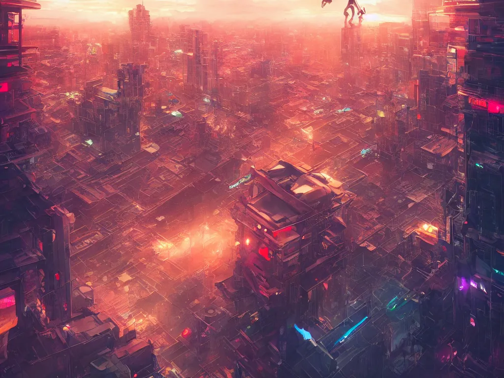 Prompt: a boy on top of a building watching a colorful sunrise futuristic city surrounded by clouds, cyberpunk art by yoshitaka amano and alena aenami, cg society contest winner, retrofuturism, matte painting, landscape, cityscape