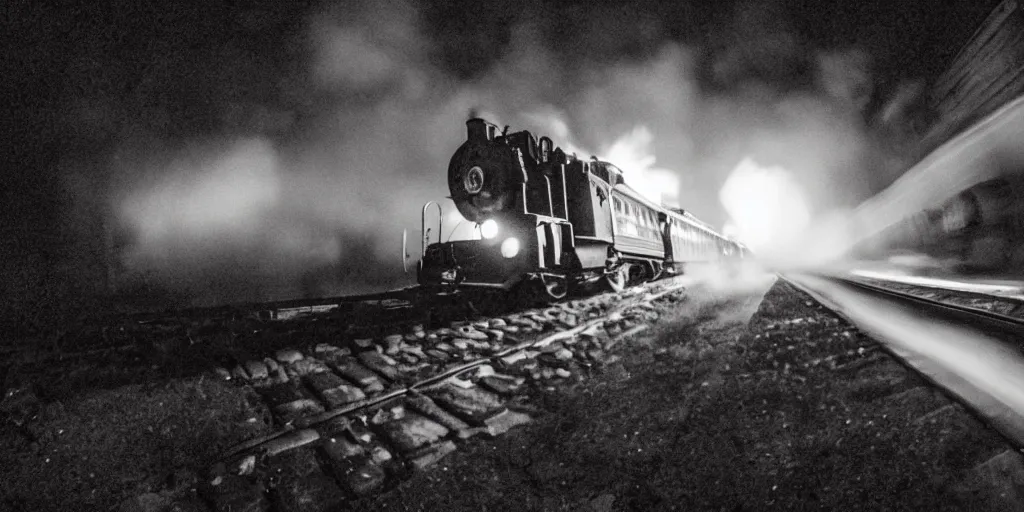 Prompt: fisheye lens slow motion with trail effect of blazing old train with steam locomotive, long exposure shot , at night in the middle of a rainy street, paddle of water, steam, fog, water splashes, rim lights, glossy reflections, water droplets on lens, octane render, dark and dramatic, explosions in the background, detailed and soft, fisheye lens, smooth, sharp focus, illustration, art by artgerm and greg rutkowski and Makoto shinkai