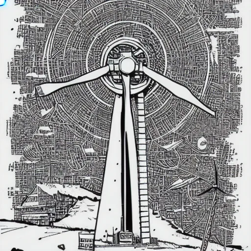 Image similar to Simplistic comic illustration of a wind turbine blueprint, black ball pen on white paper, by Josan Gonzalez and Geof Darrow