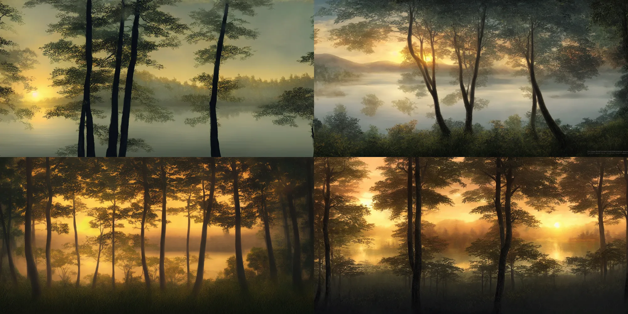 Prompt: forest with lake, fog and sunset backlight, detailed panorama painting by kyoto animation