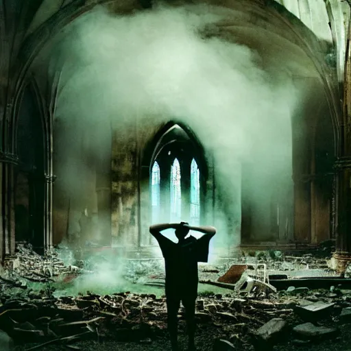 Image similar to dark zuckerberg performing the dark sacrament in the ruins of an old cathedral, vegetation, smoke, steam, dramatic low lighting, ominous, cinestill 8 0 0 t