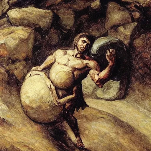 Image similar to a painting of benjamin netanyahu as sisyphus, carrying large boulder up a mountain, by franz stuck