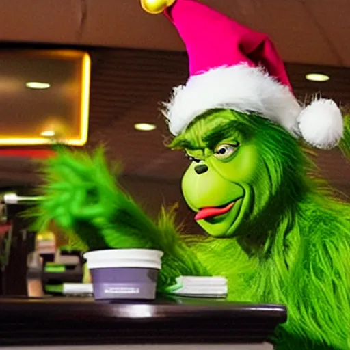 Image similar to the grinch working at mcdonalds